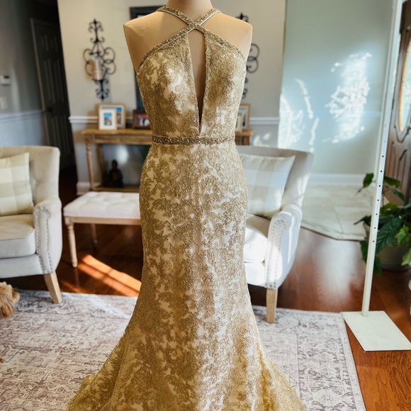 Exquisite Gold embroidered lace gown with dazzling beaded neckline and waistband - Picture 3 of 17
